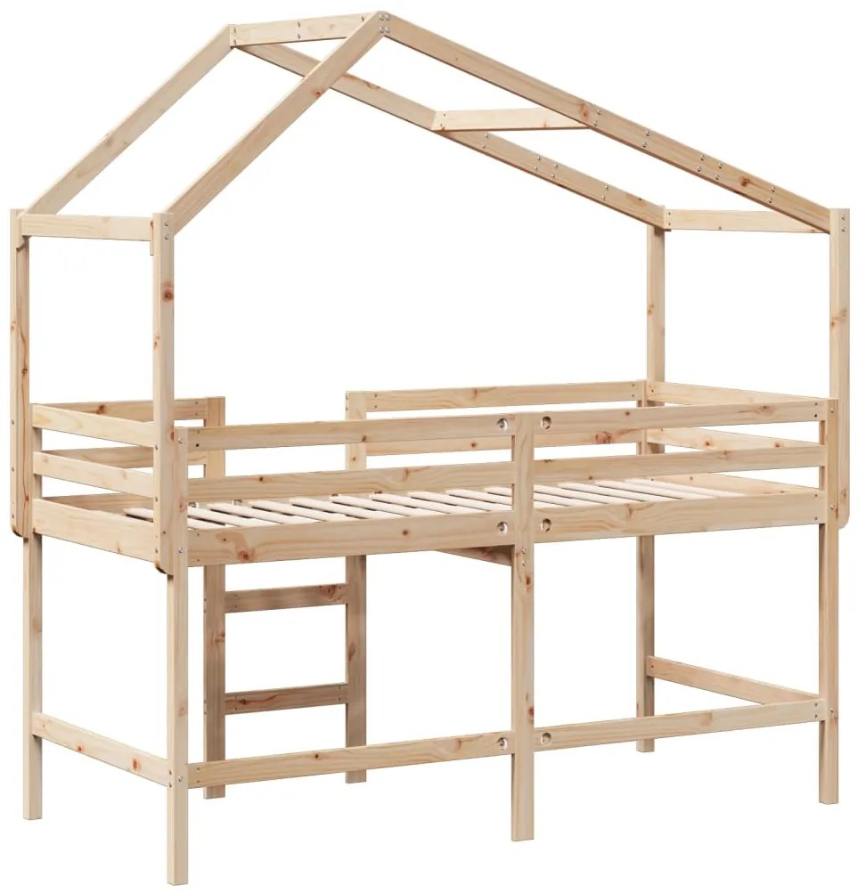 Cama alta c/ escada e telhado 80x200 cm pinho maciço