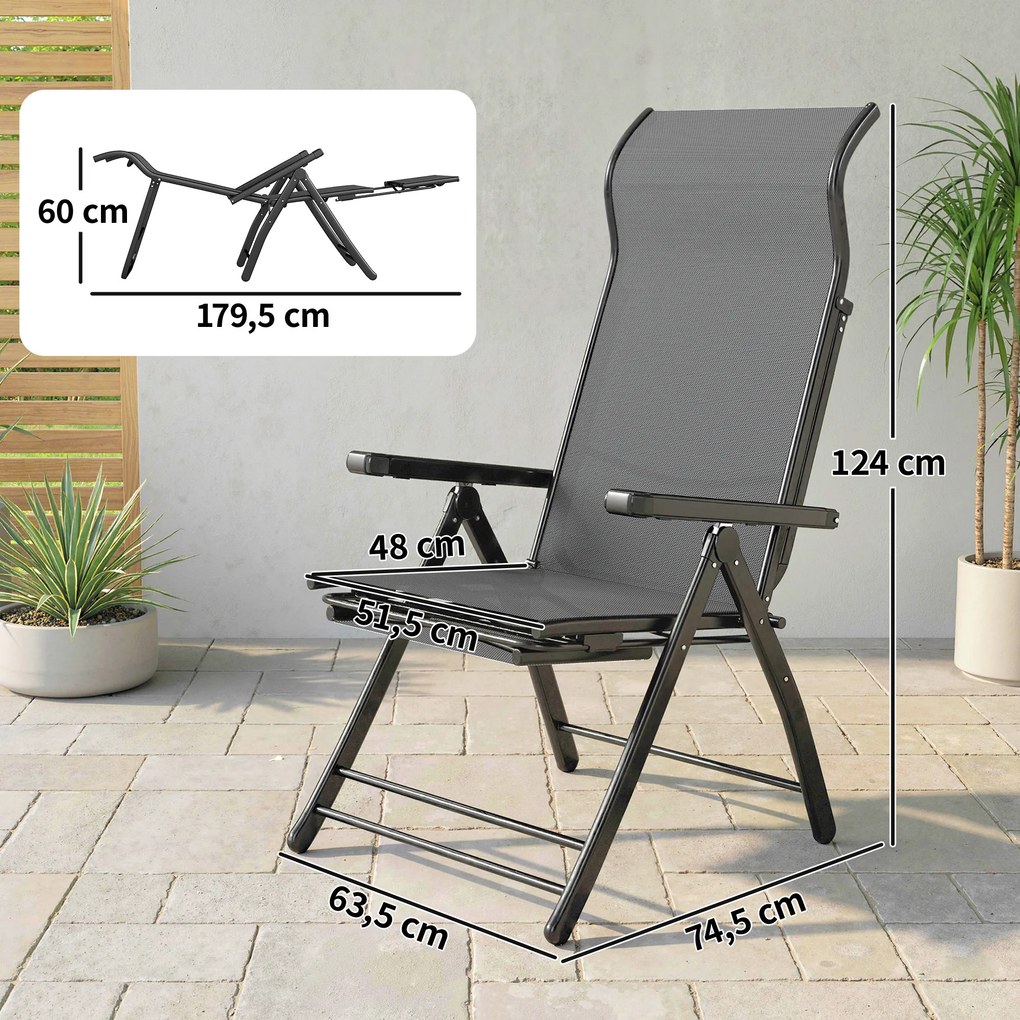 Conjunto de 2 Cadeiras Dobráveis Reclináveis de Jardim Exterior com Encosto Alto Ajustável em 5 Posições Apoio para Pés Cinza Escuro