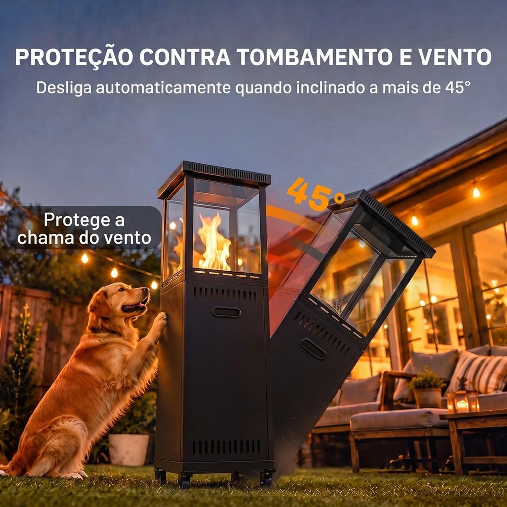 Aquecedor a Gás para Terraço 13 kW Portátil a Propano Regulação Contínua Sistema Antiqueda 4 Rodas Preto