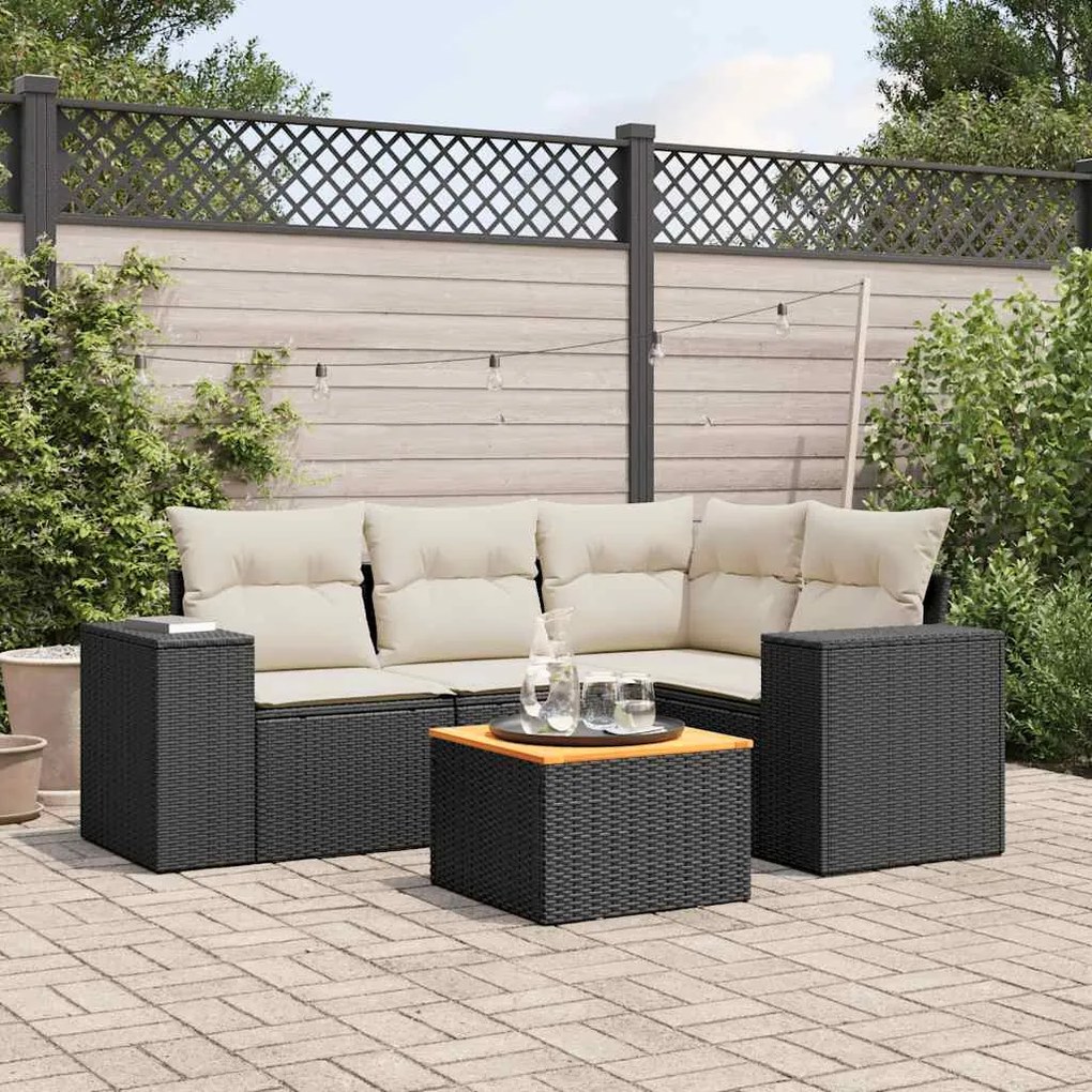 5 pcs conjunto sofás de jardim com almofadões vime PE preto