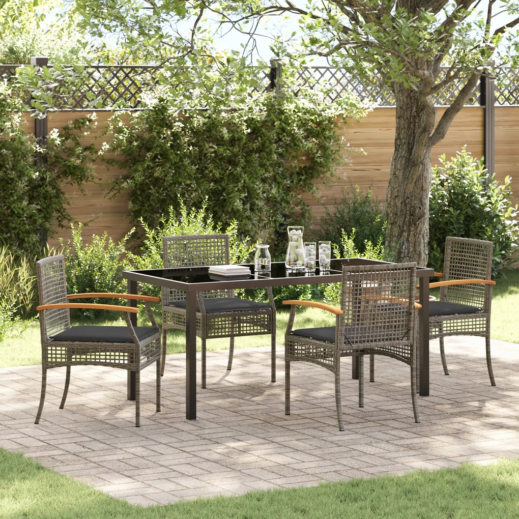 Conjunto de Jantar de Jardim 5 Peças com Almofadas Cinza Vime Poliéste