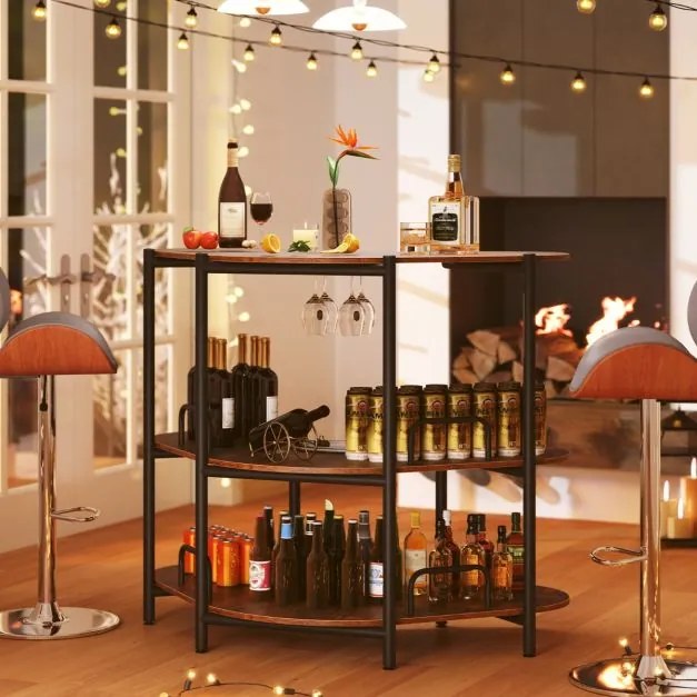 Mesa de Bar com Suportes para Copos e Estantes Bar Industrial com Estrutura Metálica 120 x 66 x 102 cm Castanho