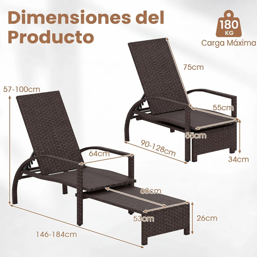 Conjunto de 2 Espreguiçadeiras de Jardim, 146 x 64 x 57 cm, Encosto Ajustável em 6 Níveis, Castanho