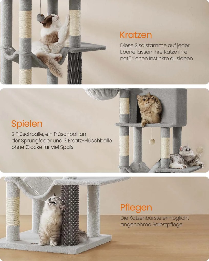 Arranhador para gatos com 190,7 cm de altura, 2 cavernas e 2 cavidades para descansar Cinzento