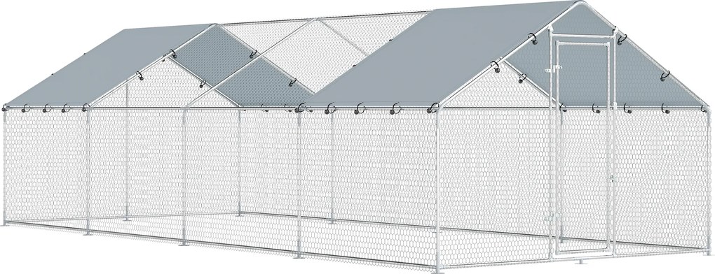 PawHut Galinheiro Grande para Exterior em Aço Galvanizado 6,8x3x1,9 m 20,4 m² com Cobertura em Tecido Oxford e Fecho Prata | Aosom Portugal