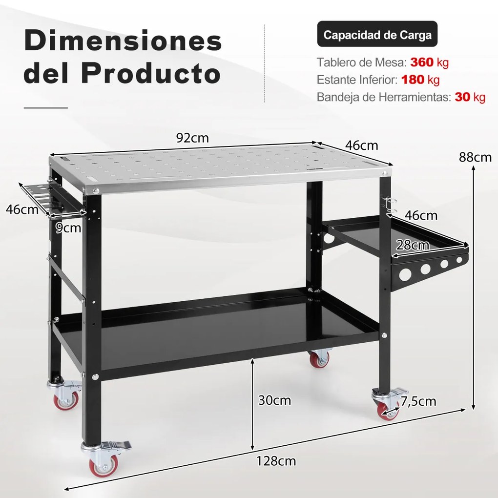 Mesa de soldadura 92 x 46 cm 540 kg Bancada de trabalho com rodas e Estante de ferramentas Furo para dispositivo 8 ranhuras