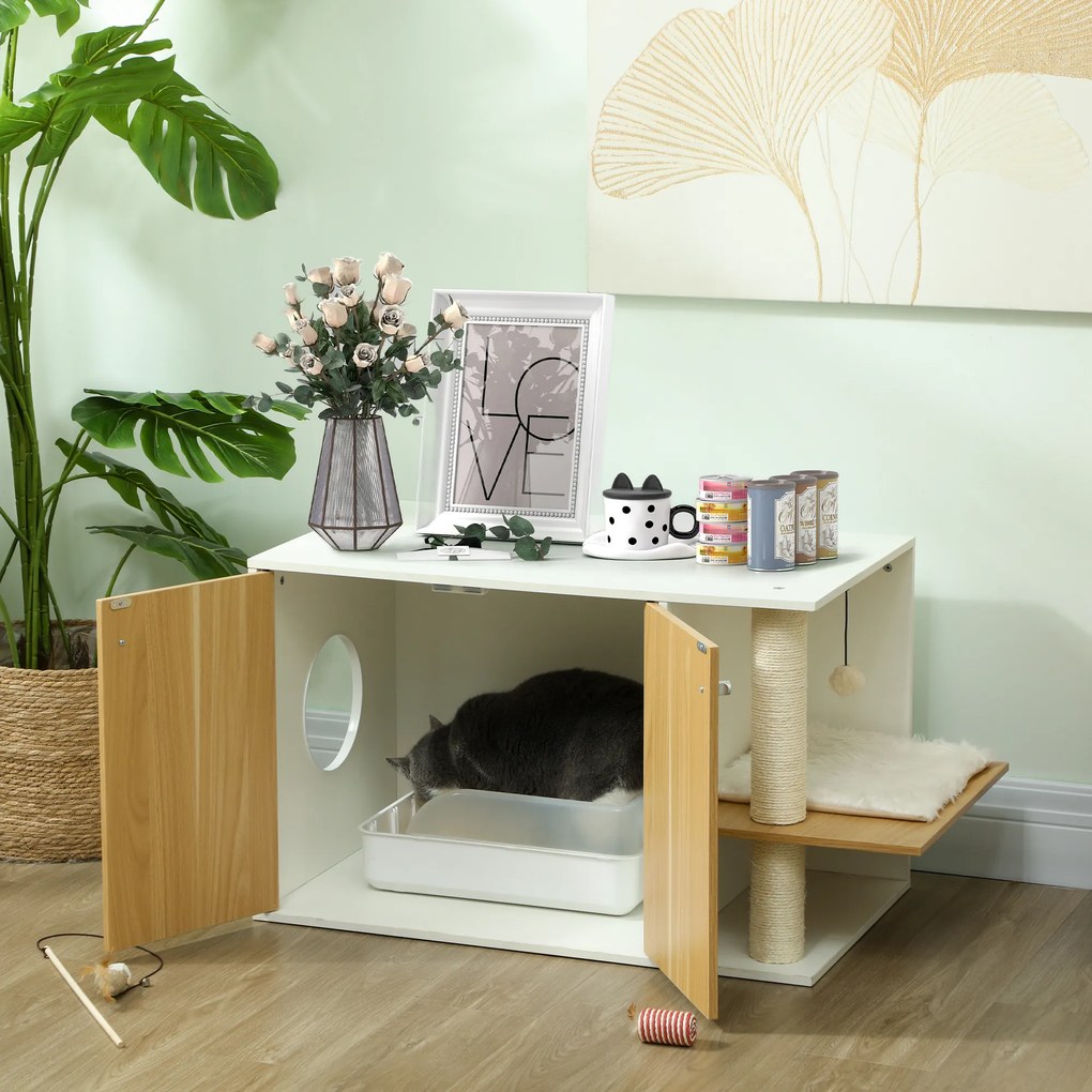 Móvel Caixa de Areia para Gatos 3 em 1 para Gatos com Poste para Arranhar e Centro de Jogos 94x48x50,5 cm Carvalho e Branco