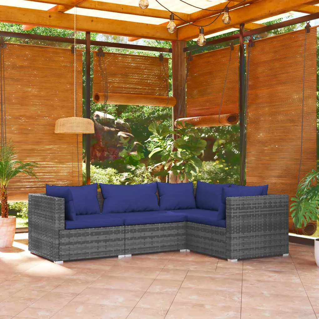 vidaXL 4 pcs conjunto lounge de jardim c/ almofadões vime PE cinzento