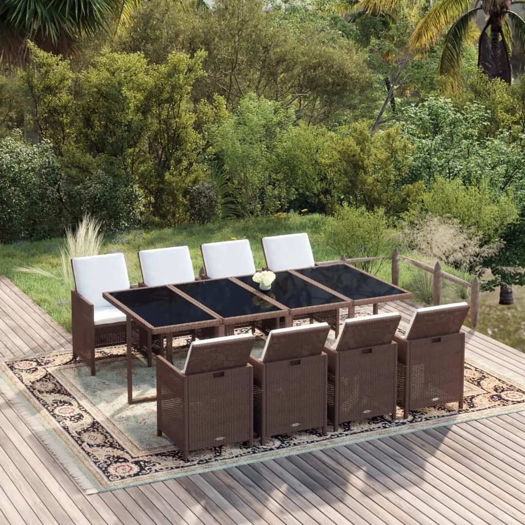 vidaXL 9 pcs conjunto jantar p/ jardim c/ almofadões vime PE castanho