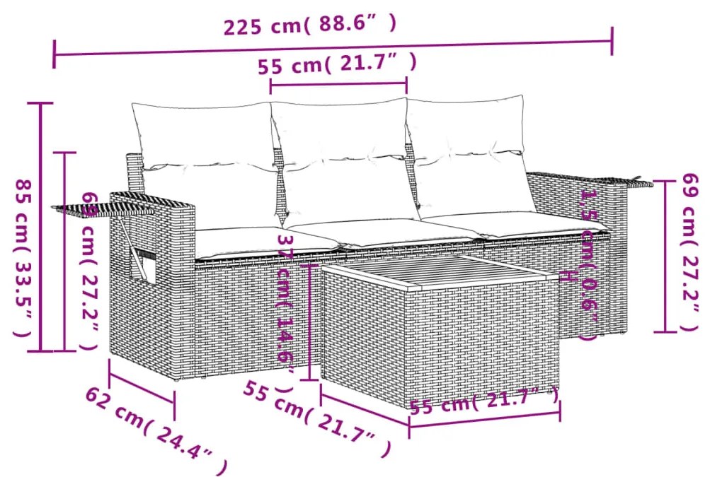 4 pcs conjunto sofás de jardim c/ almofadões vime PE cinzento