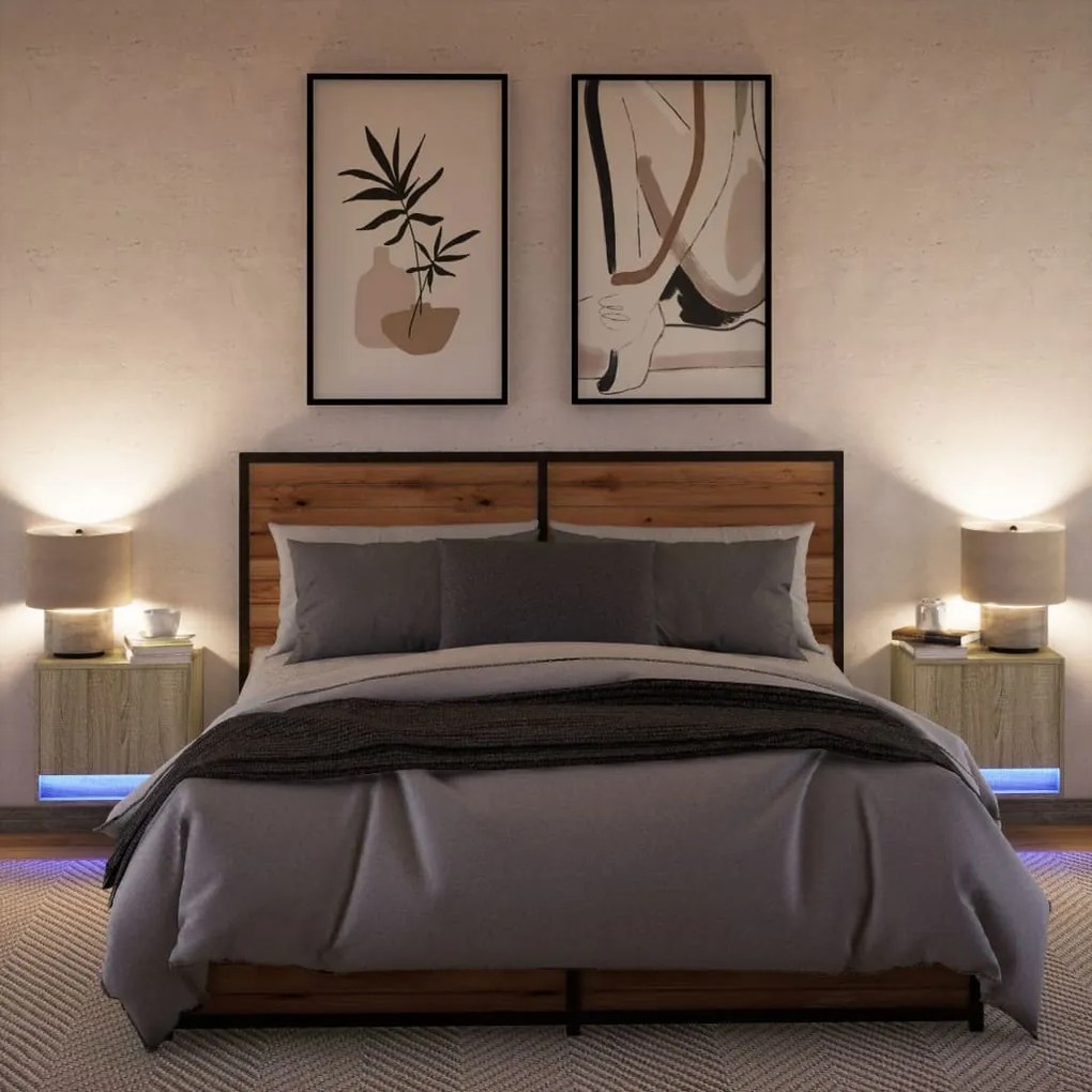 Mesas de cabeceira de parede com luzes LED 2pcs carvalho sonoma