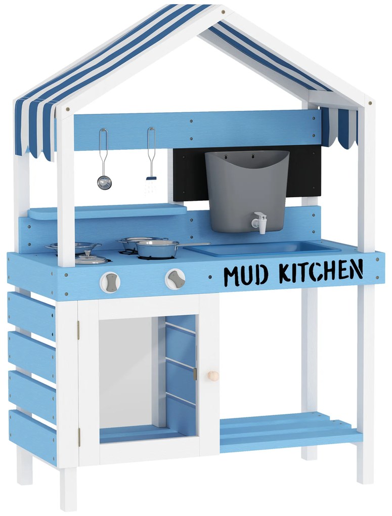 Aiyaplay Cozinha de Brincar para Crianças Ao Ar Livre com Dossel Conjunto de Utensílios de Cozinha Madeira Maciça Azul | Aosom Portugal