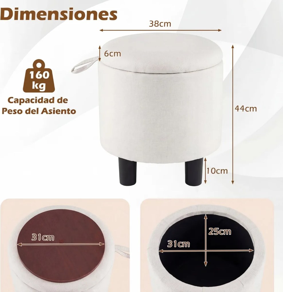 Pufe redondo com espaço de arrumação e tampa rebatível em linho 38 x 42 cm; apoio para os pés ou pufe para sala ou quarto; bege