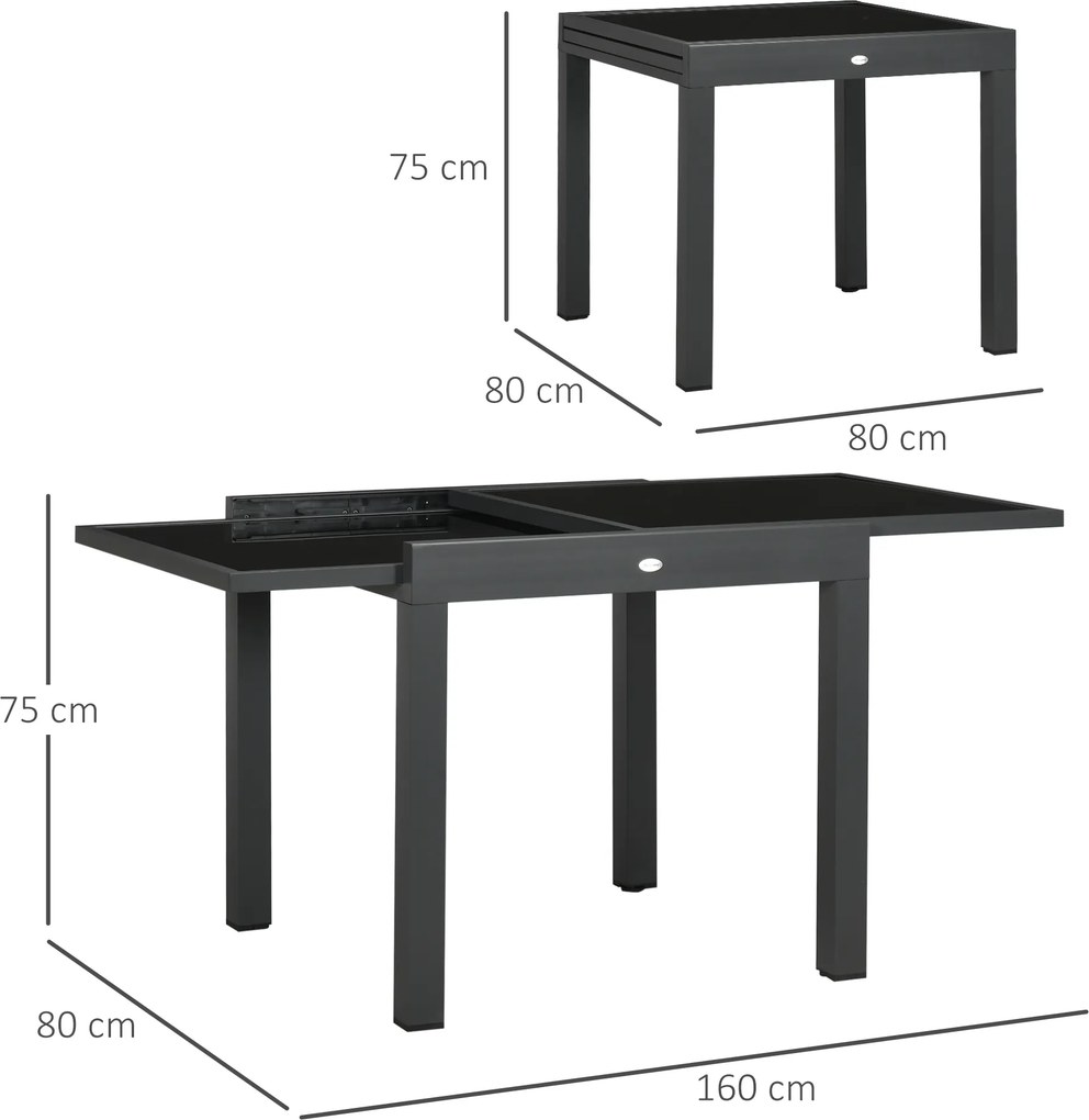 Mesa de Jardim Extensível de Alumínio com Bancada de Vidro Temperado 160x80x75 cm Preto