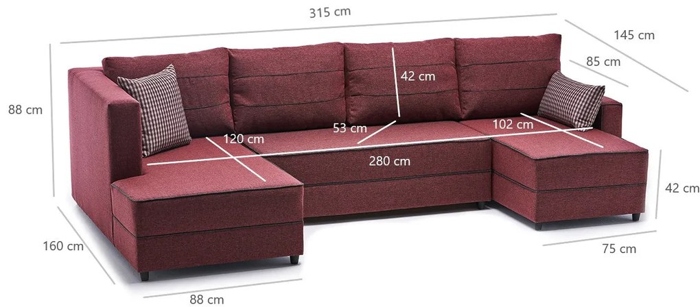 Sofá-Cama de Canto Ece – Vermelho Claret – 315x88x160 cm