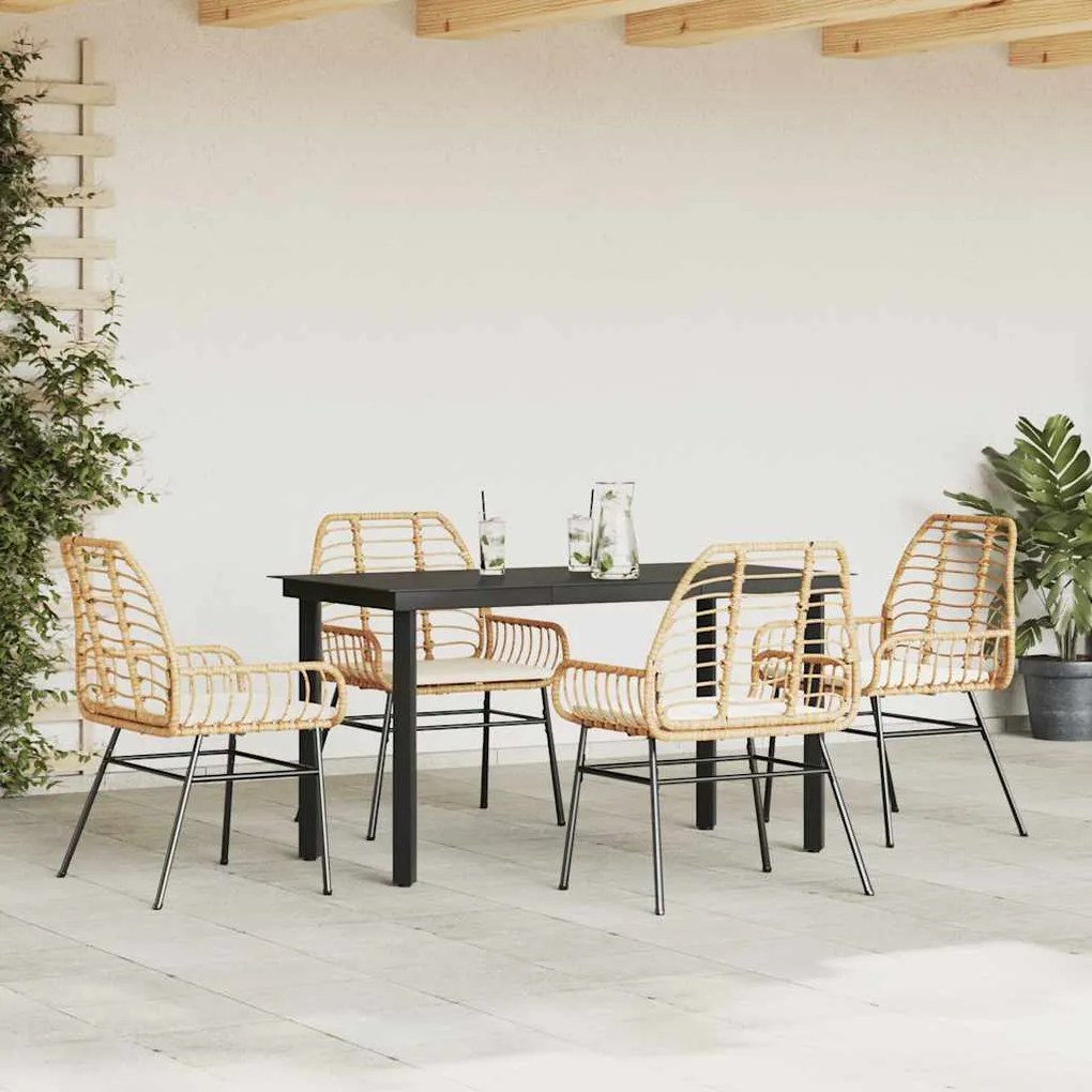 Conjunto jantar jardim 5 peças almofadas vidro vime PE castanho