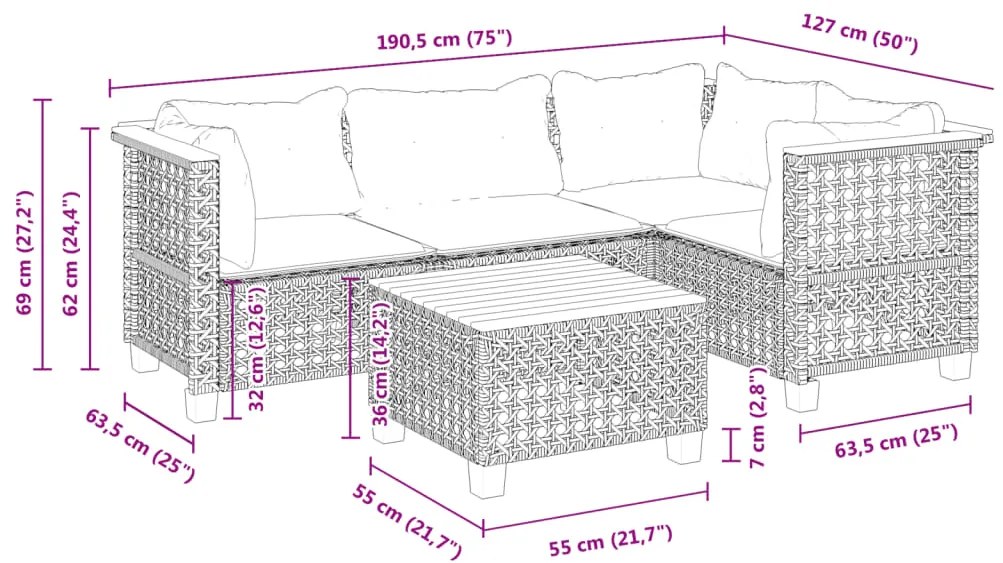 5 pcs conjunto sofás de jardim com almofadões vime PE preto