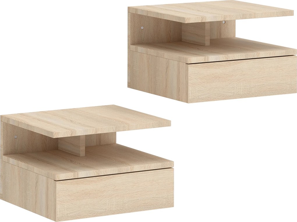 HOMCOM Conjunto de 2 Mesas de Cabeceira Flutuante com 1 Gaveta e Prateleira Aberta com Desenho Moderno  35x32x22,5 cm Carvalho | Aosom Portugal