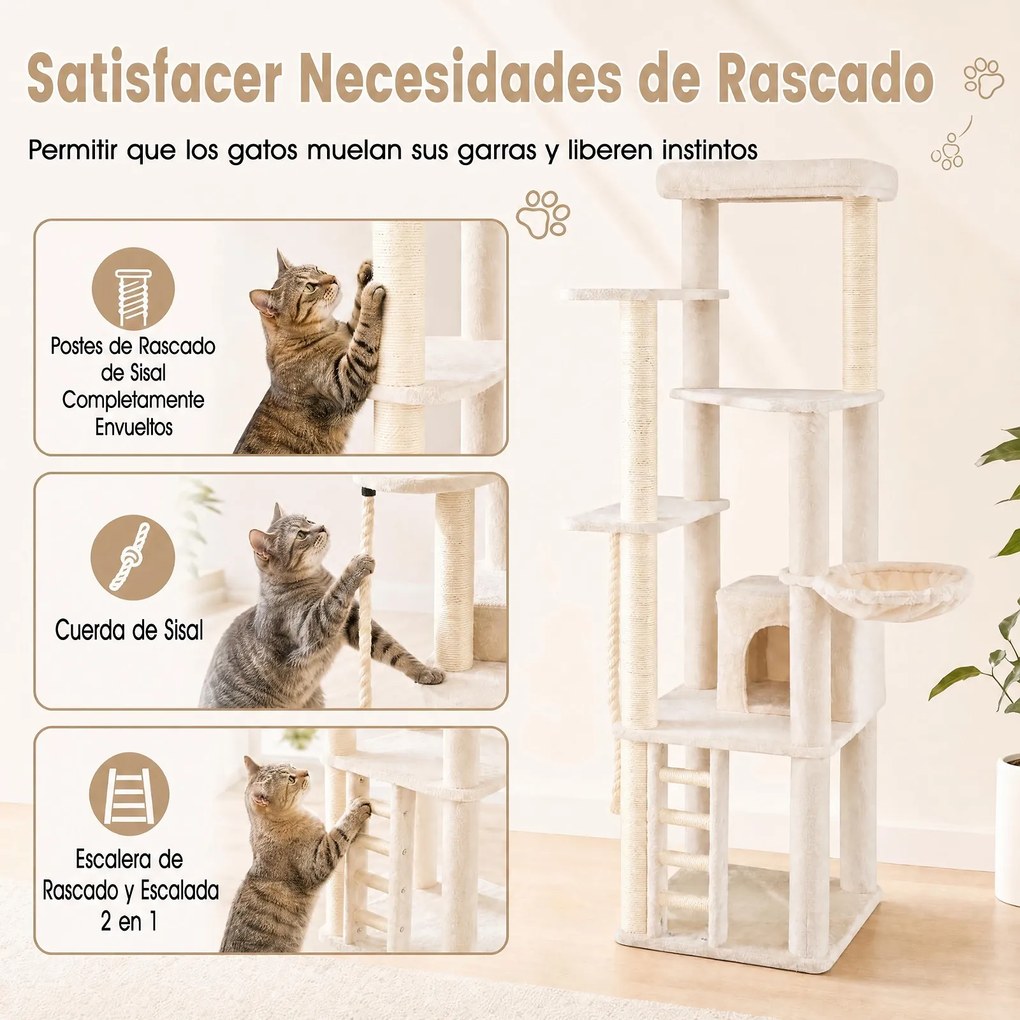 Árvore para Gatos de 5 Níveis, 71 x 71 x 194 cm, Para Vários Gatos, Bege