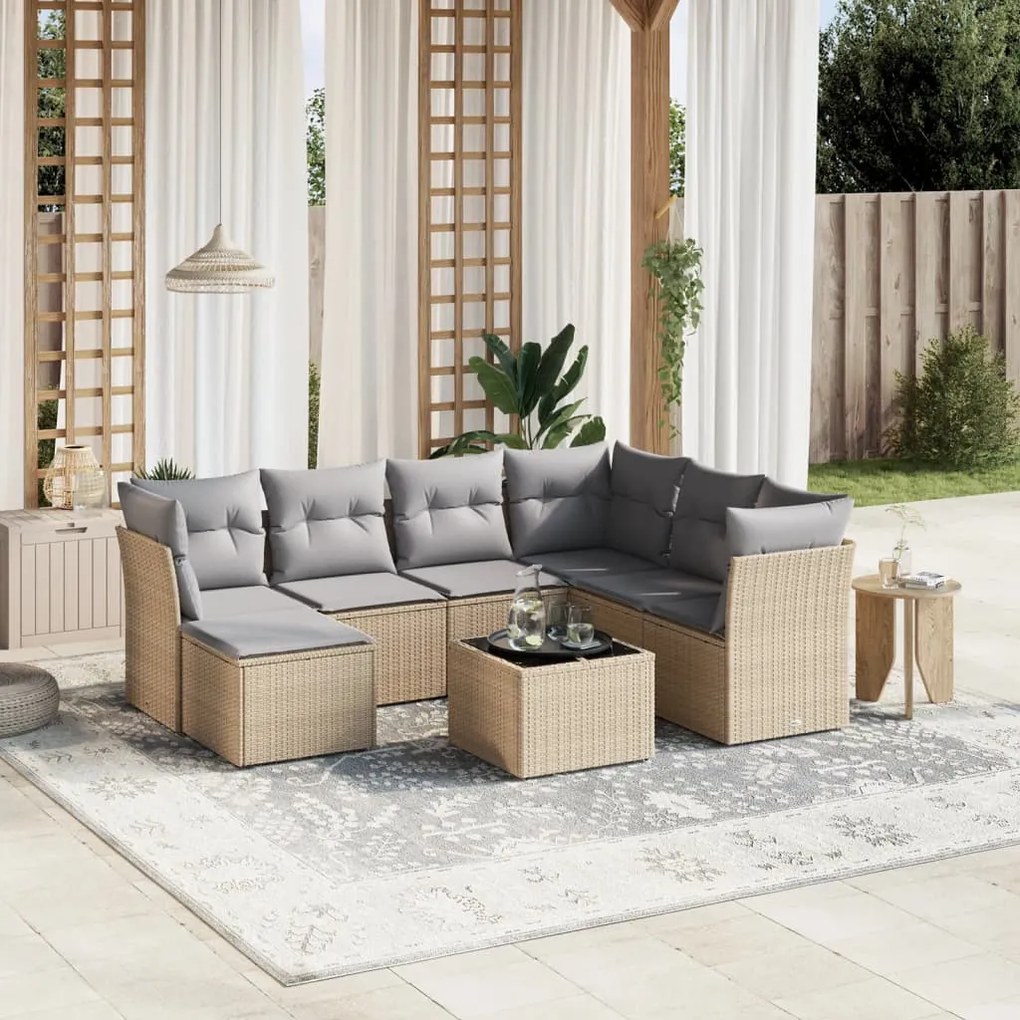 8 pcs conj. sofás jardim c/ almofadões vime PE bege misturado
