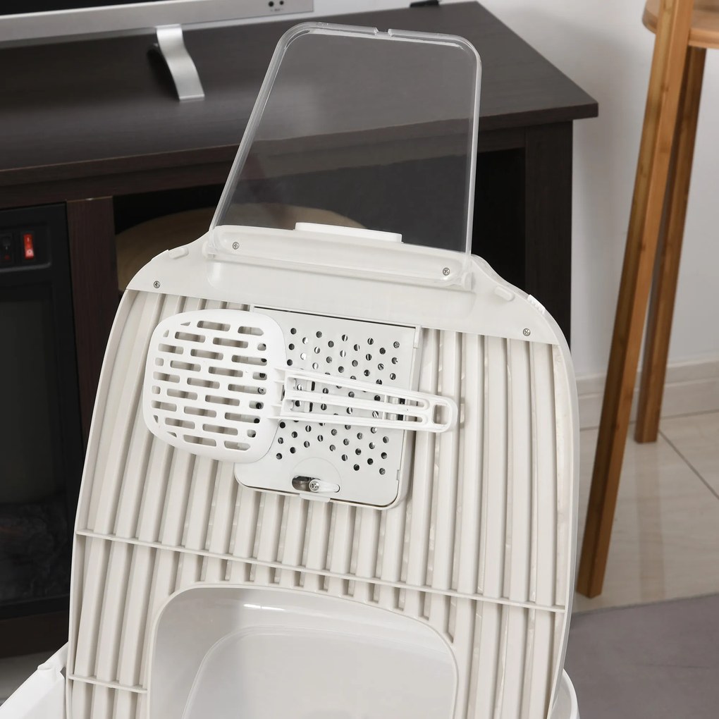 PawHut Caixa de areia para gatos com porta dupla Caixa desodorizante de carvão ativado Pá Equipada Amplo espaço 55,5x44,5x38,3 cm cinza branco