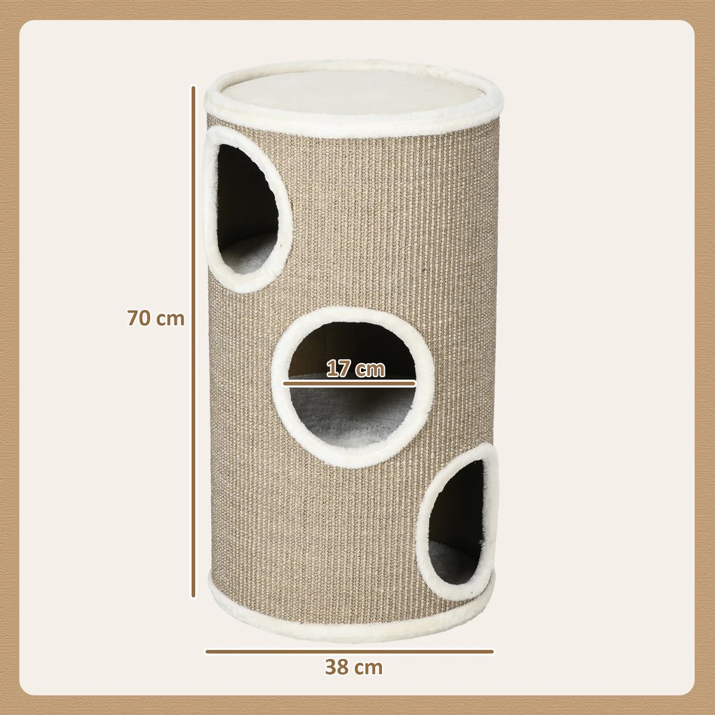 Torre para Arranhar para Gato, 38 x 38 x 70 cm, 3 Níveis com Revestimento em Sisal, Castanho