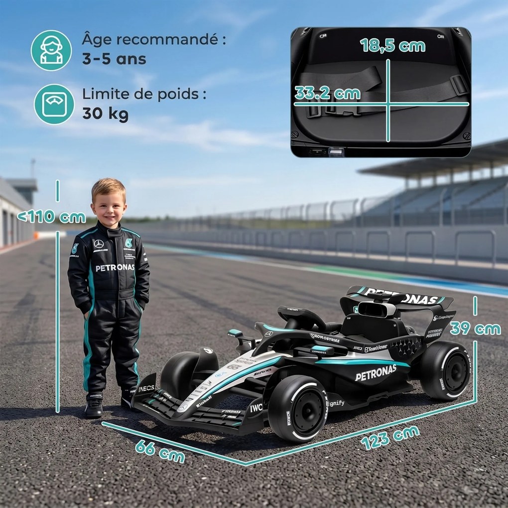 Kart elétrico para crianças de 12 V, Mercedes-AMG PETRONAS F1 com 2 motores, comando à distância, 3 velocidades, preto