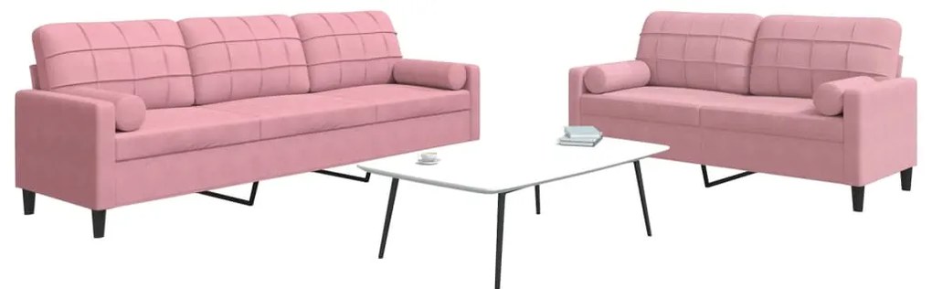2 pcs conjunto de sofás com almofadões e rolos veludo rosa