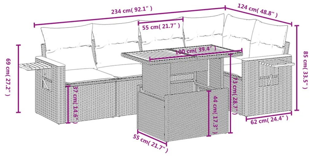 6 pcs conjunto de sofás p/ jardim com almofadões vime PE bege