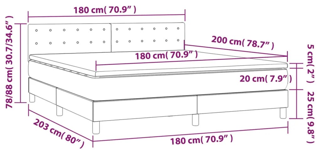 Cama box spring c/ colchão/LED 180x200 cm veludo cinzento-claro