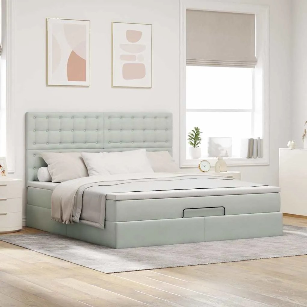 Estrutura cama otomana colchões 180x200cm veludo cinzento claro