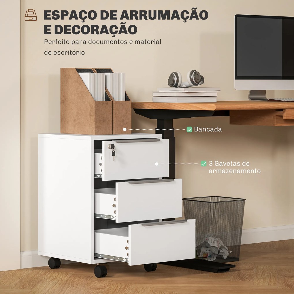 Arquivador Móvel de Escritório com 3 Gavetas Fechadura Rodas e Travão para Documentos 40x40x63,5 cm Branco