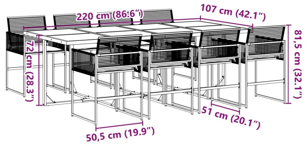 9 pcs conjunto de jantar p/ jardim c/ almofadões vime PE preto