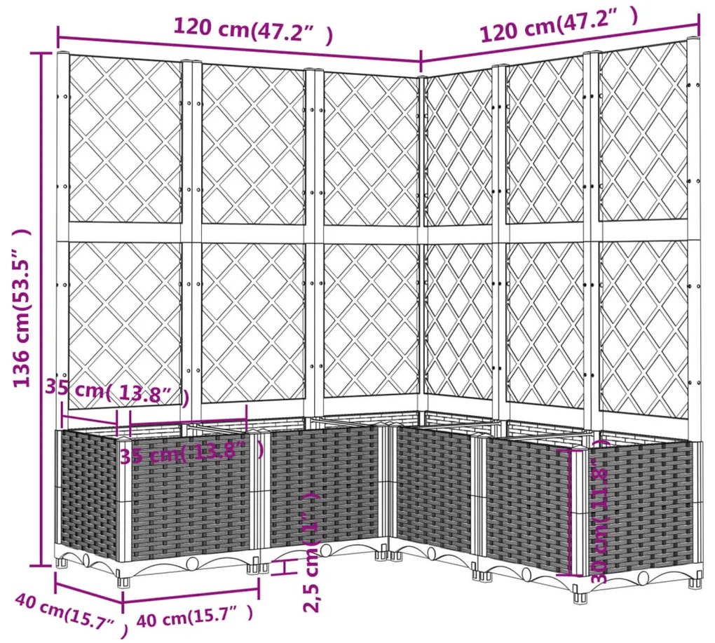 Vaso/floreira jardim c/ treliça 120x120x136 cm PP cinza-claro