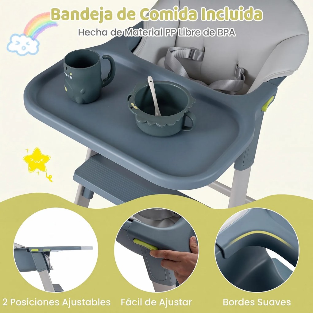 Cadeira de Refeição Infantil, 66 x 55 x 90 cm, Bandeja Regulável, Cinzento-claro