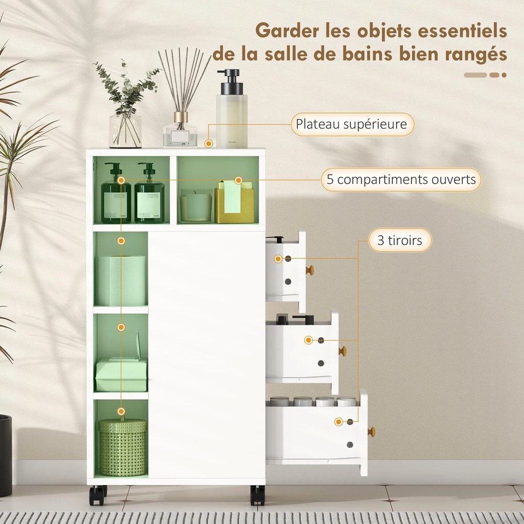 Móvel de casa de banho com rodas, móvel de arrumação estreito, 3 gavetas, 5 compartimentos abertos, 20 x 40 x 80 cm, branco