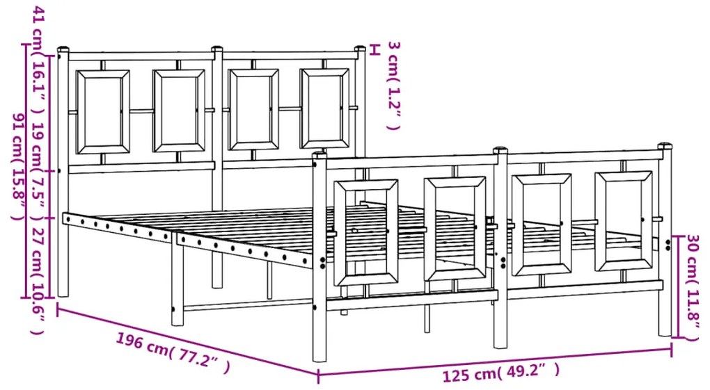 Estrutura de cama com cabeceira e pés 120x190 cm metal preto