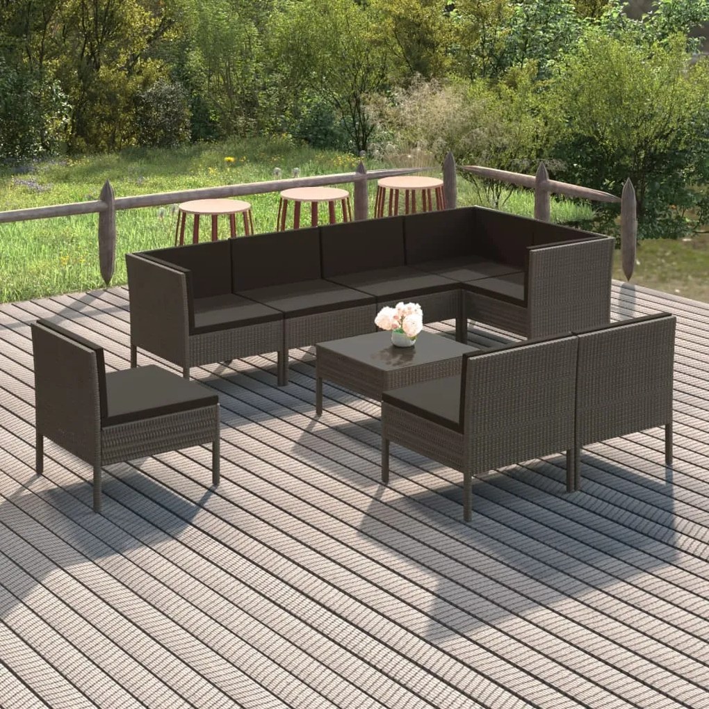 vidaXL 9 pcs conjunto lounge de jardim c/ almofadões vime PE cinzento