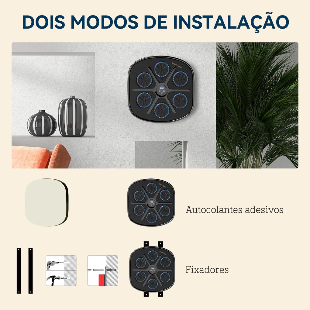 Máquina de Boxe Musical com 9 Modos de Velocidade Luvas e Conexão Bluetooth Luzes LED 41,8x44,6x7,5 cm Preto