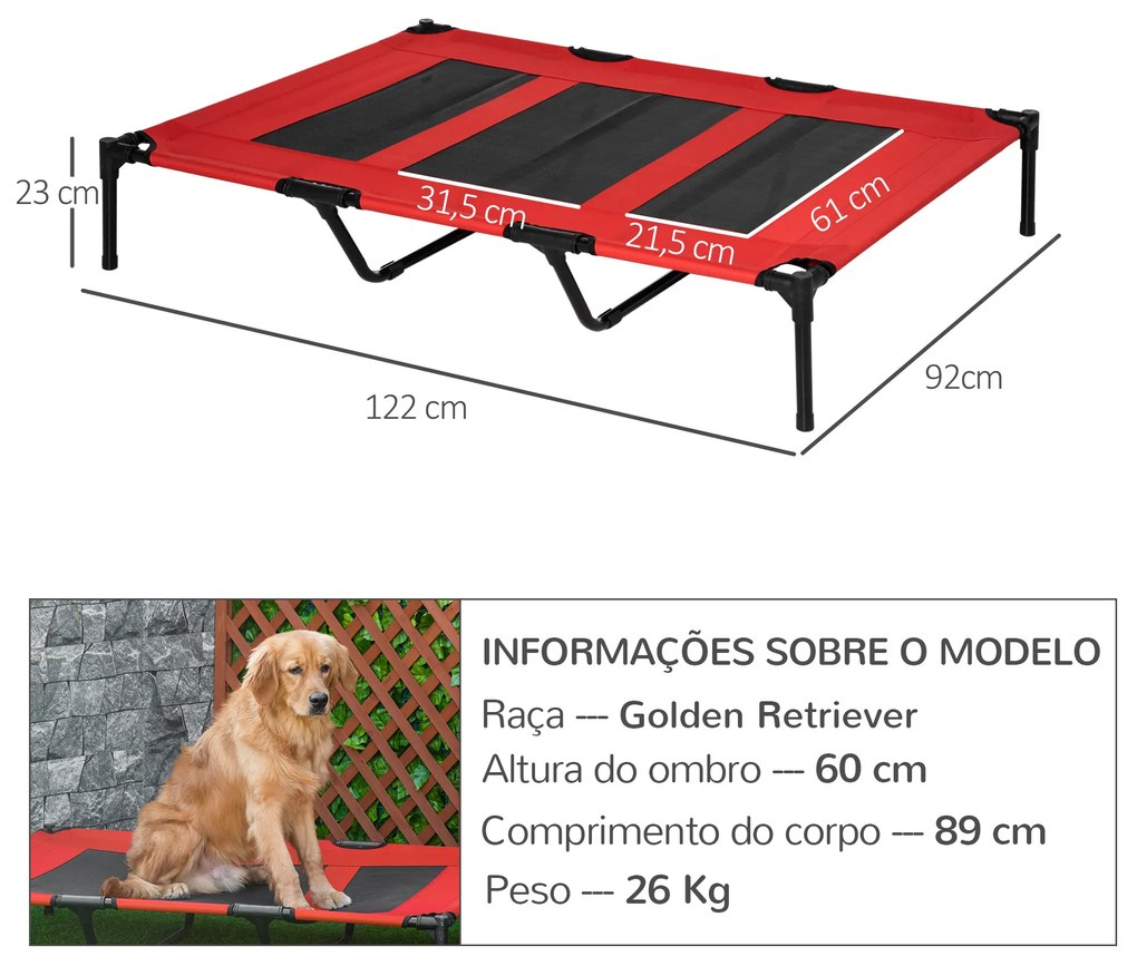 Cama para Animais de Estimação Cama Elevada para Cães Gatos com Tecido Transpirável para Dormir Relaxar 122x92x23cm Vermelho