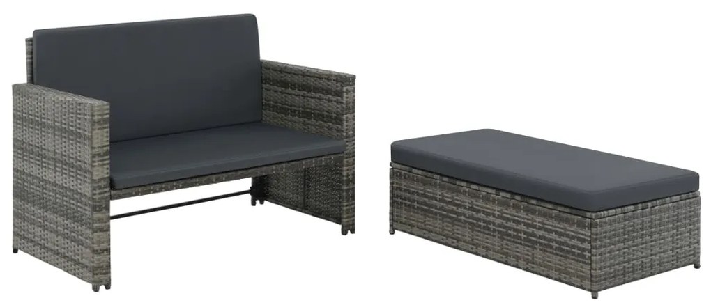 2 pcs conjunto lounge de jardim c/ almofadões vime PE cinzento