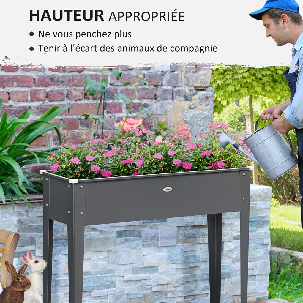 Floreira com pés 100 x 30 x 80 cm, para horta, com orifício de drenagem, em aço galvanizado, ,cinzenta