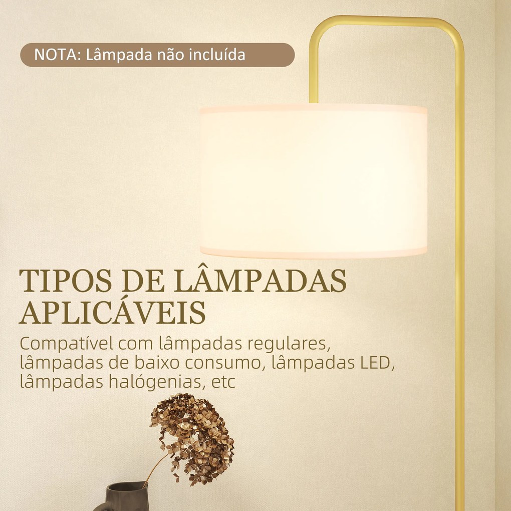 Candeeiro de Pé Moderno Lâmpada E27 Máx. 40W com Ecrã de Linho e Interruptor de Pé 64x38x163,5 cm Branco e Dourado