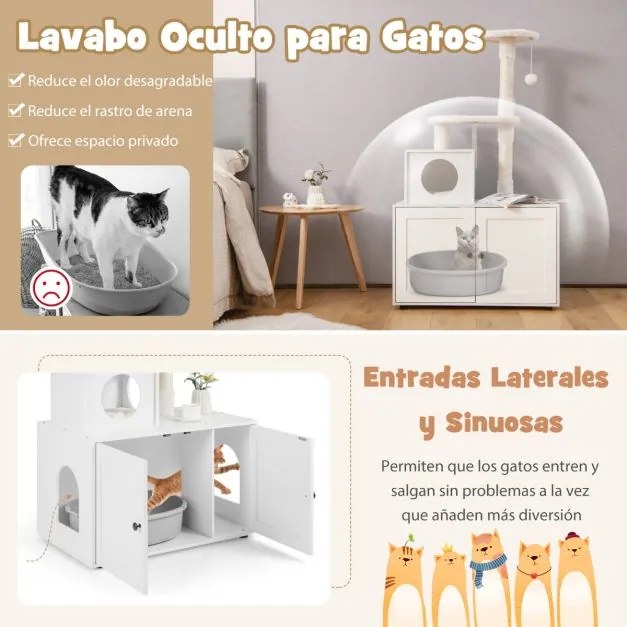 Casa para gatos com armarios para arrumação Caixa de areia e torre de arranhar Armário com esconderijo e divisória 77,5 x 49 x 132 cm Branco