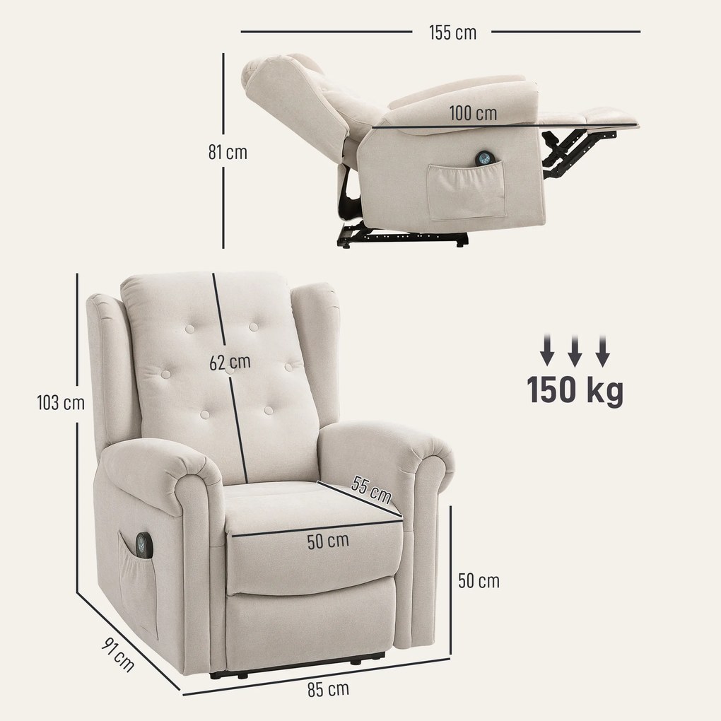 Poltrona relaxante elétrica com função de massagem e aquecimento, com encosto e apoio para os pés ajustáveis manualmente, bolso lateral, bege