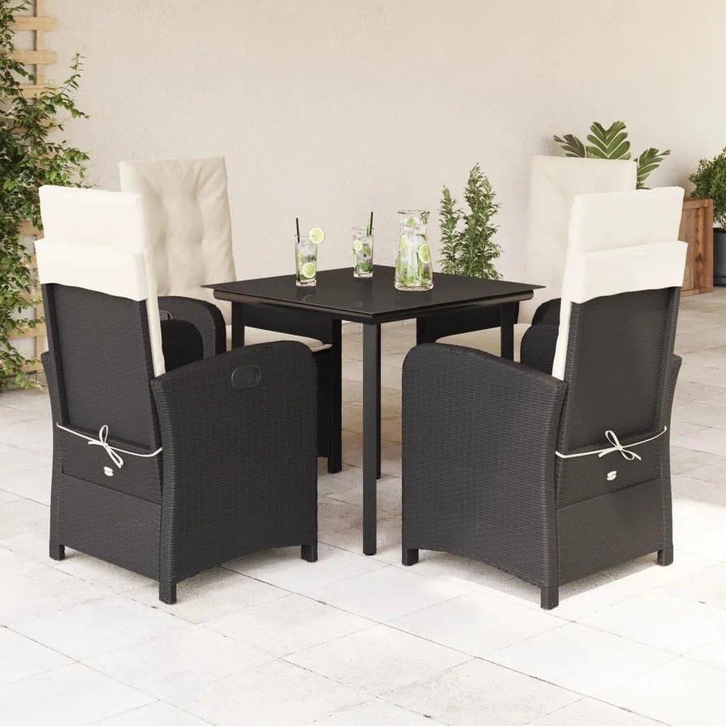 5 pcs conjunto de jantar p/ jardim c/ almofadões vime PE preto