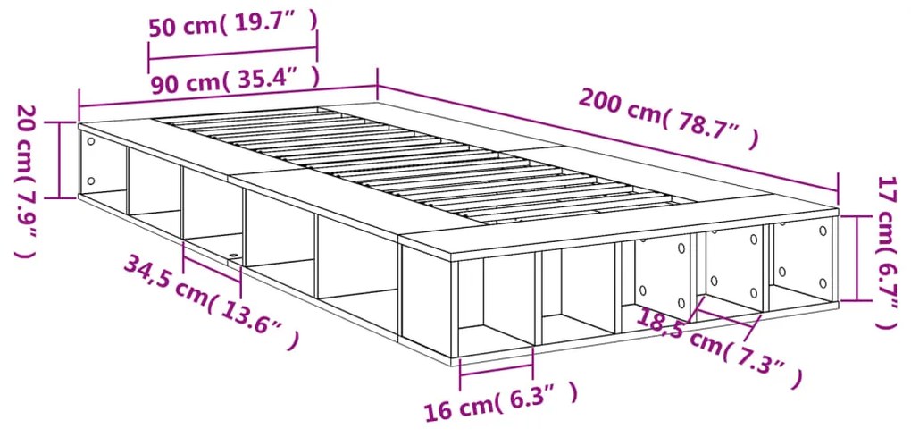 Estrutura cama 90x200 cm derivados de madeira carvalho fumado