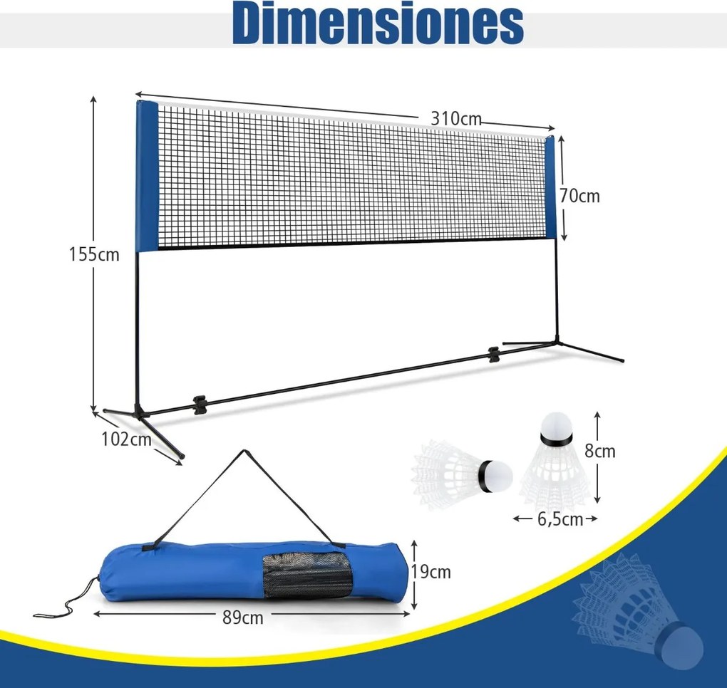 Rede de badminton 310 cm portátil ajustável em altura com postes, bolsa de transporte e 2 penas para interior e exterior azul.
