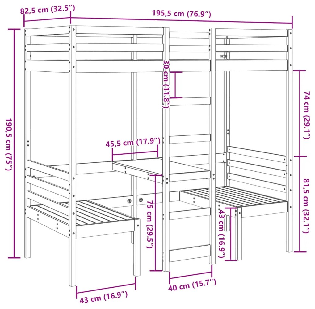 Cama alta c/ secretária/cadeiras 75x190 cm pinho castanho-mel