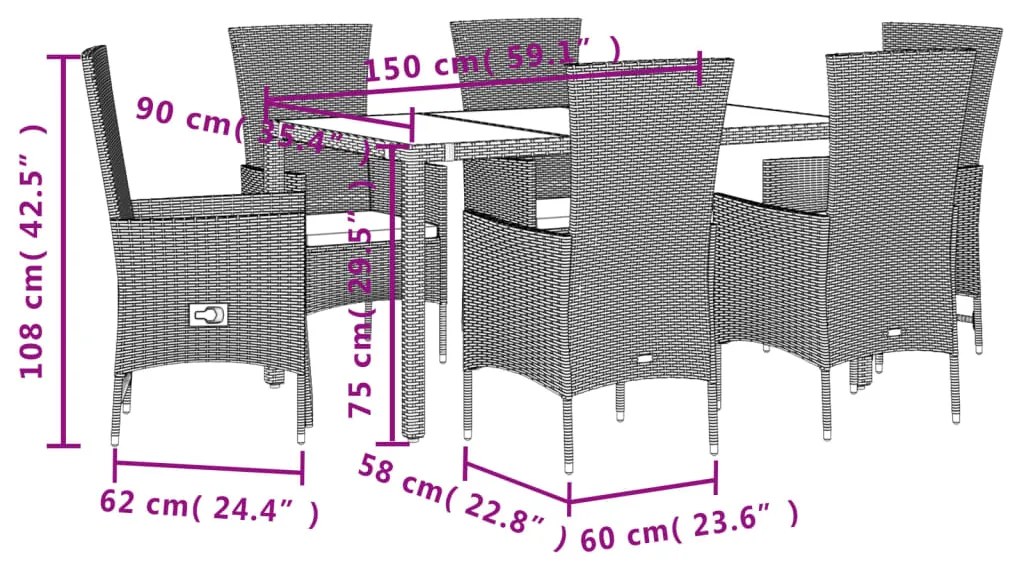 7 pcs conjunto de jantar p/ jardim com almofadões vime PE bege